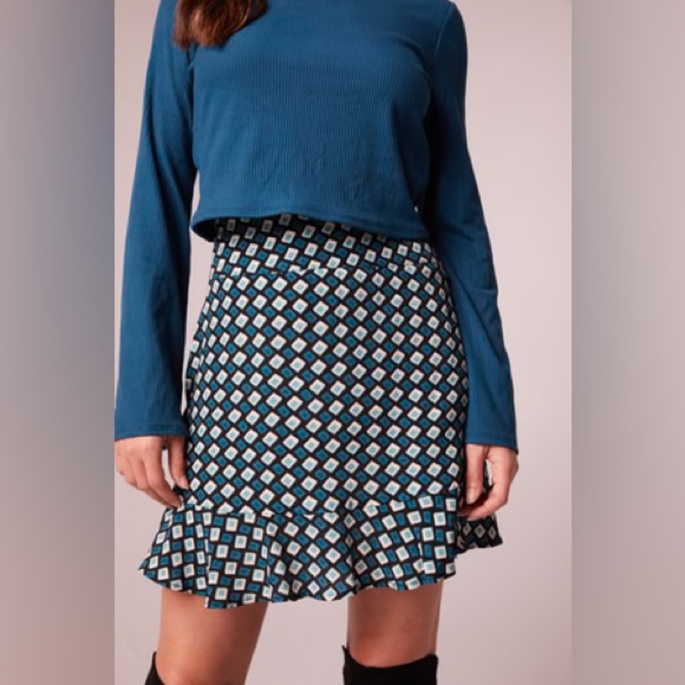 NWT Brand Of The Free COLETTE TEAL DIAMOND MINI SKIRT Ruffled Bottom